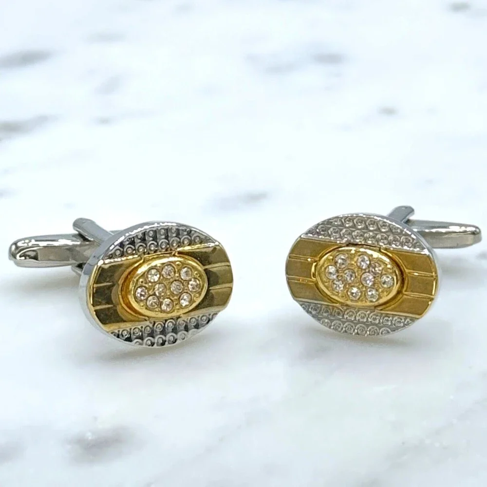 Mens Silver Tone & Gold Tone Clear Rhinestones Oval Bullet Back Cufflinks